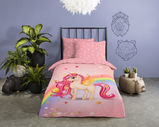 Kindereenhoorn dekbedovertrek 2/3-delig polyester beddengoed set regenboog bloemen vlinder eenhoorn pegasus print meisje modern comfort beddengoed