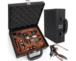 Luxe Kurkentrekker - Wijnopener - Flessenopener - Wijnaccessoires Set 9 in 1 - Wijntopper - Leren Geschenkdoos - Cadeautip