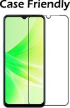 Protecteur d'écran en verre trempé, 'Case Friendly' pour OPPO A17. Montre le téléphone avec un arrière-plan abstrait vert/blanc.