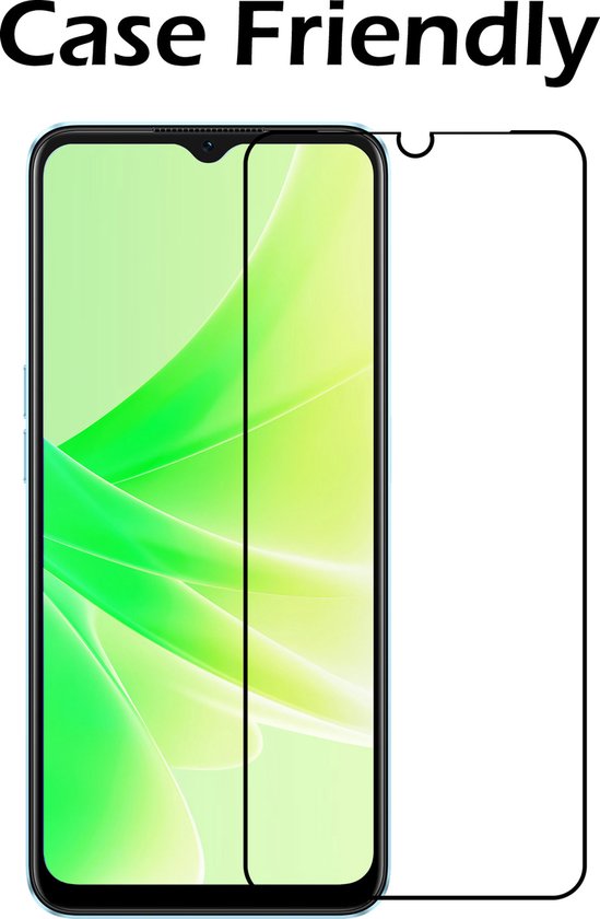 Protecteur d'écran en verre trempé, 'Case Friendly' pour OPPO A17. Montre le téléphone avec un arrière-plan abstrait vert/blanc.