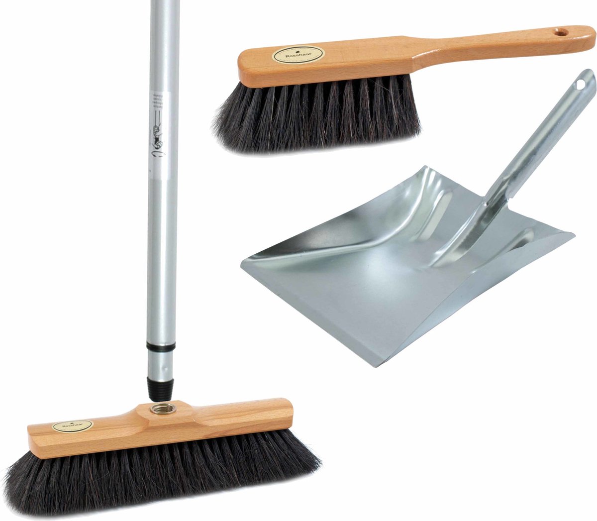 Goedkoopste Bezemset bruin/zilver van metaal inclusief telescoopsteel 200 cm voor binnen - Bijpassende stoffer en blik/bezem set