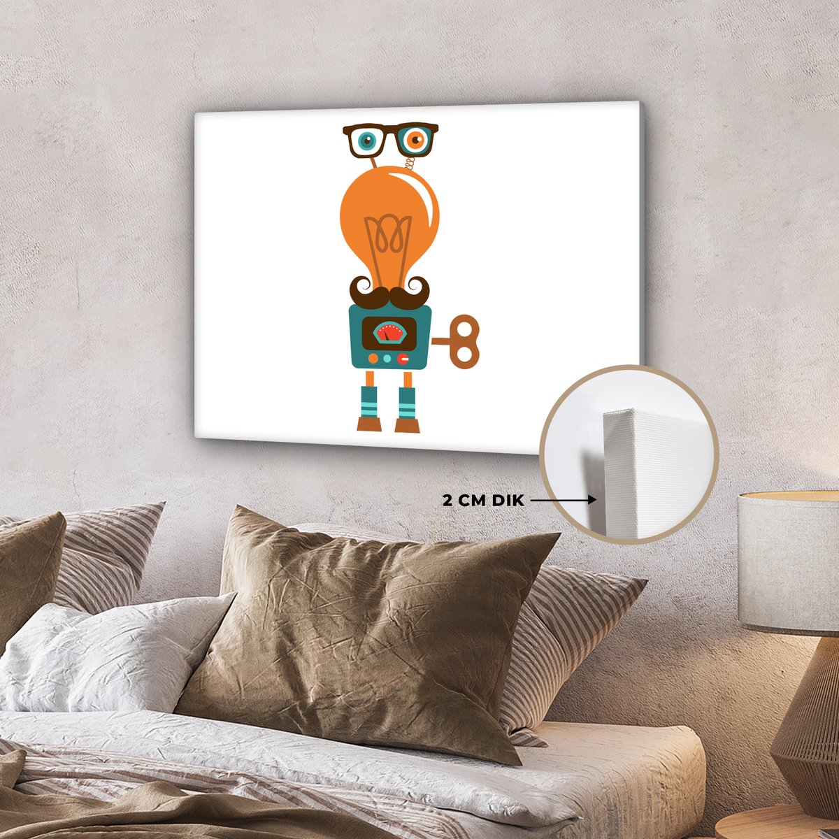 Canvas schilderij 80x60 cm - Wanddecoratie Robot - Bril - Gloeilamp - Snor - Kinderen - Jo