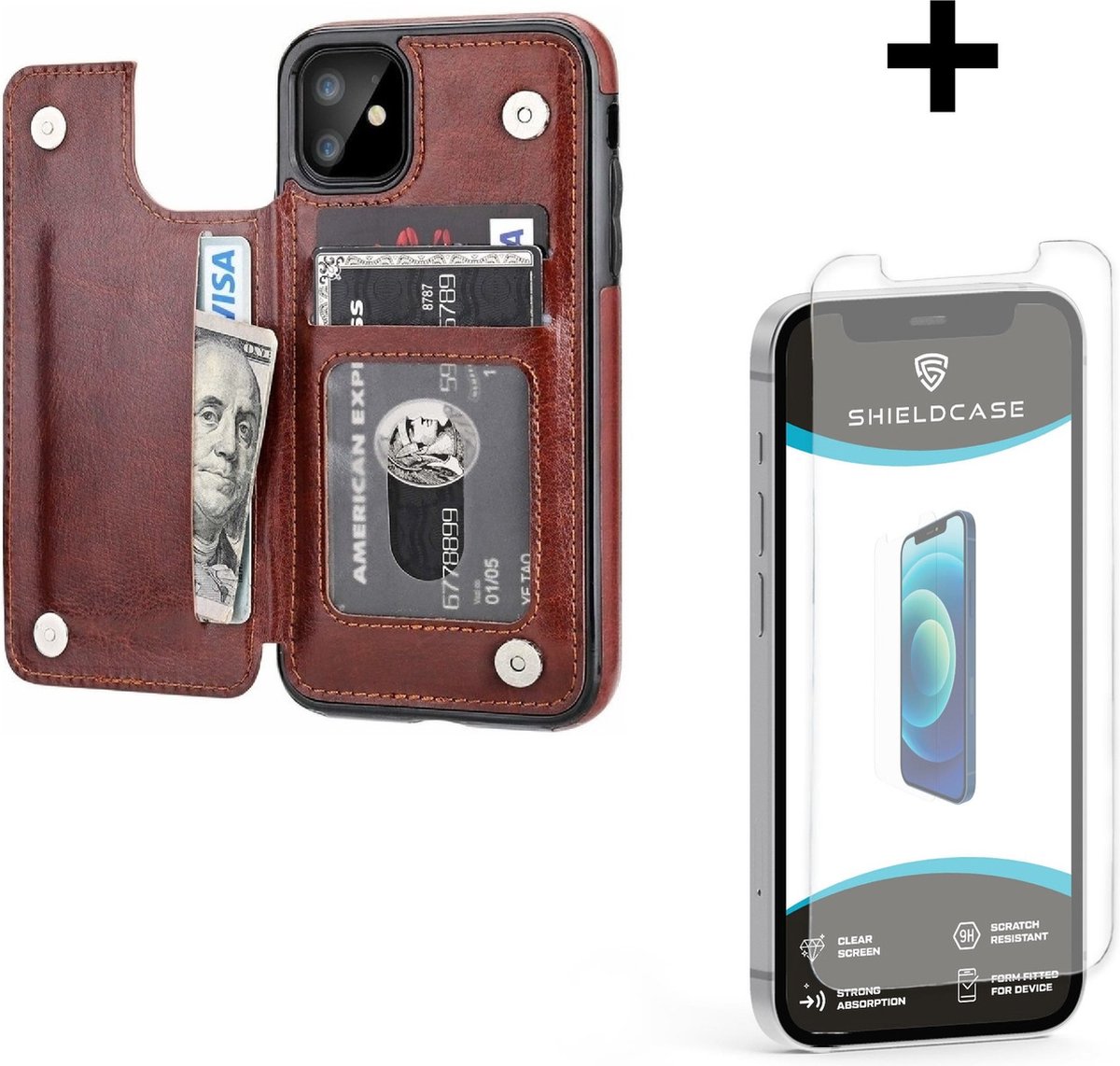 ShieldCase Wallet case geschikt voor Apple iPhone 12 / 12 Pro - 6.1 inch - bruin + glazen Screen Protector