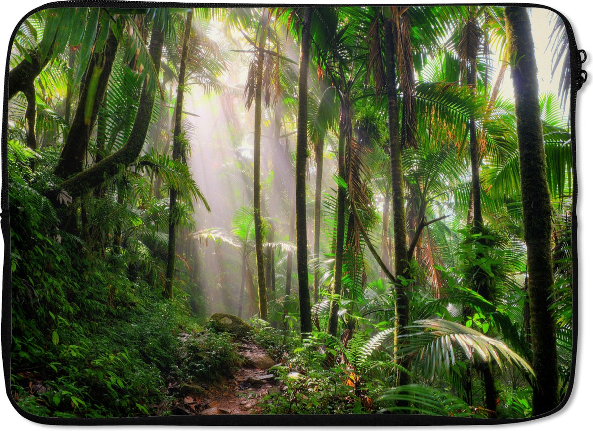 Laptophoes 14 inch - Jungle - Palmboom - Pad - Jongens - Meisjes - Kids - Laptop sleeve - Binnenmaat 33x23 cm - Zwarte achterkant