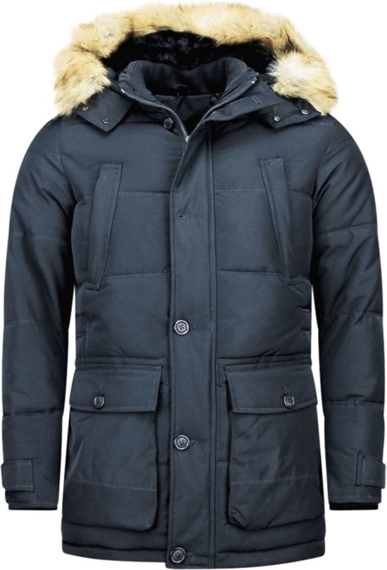 Donkerblauwe parka jas met bontkraag, vier voorzakken en knoopsluiting.