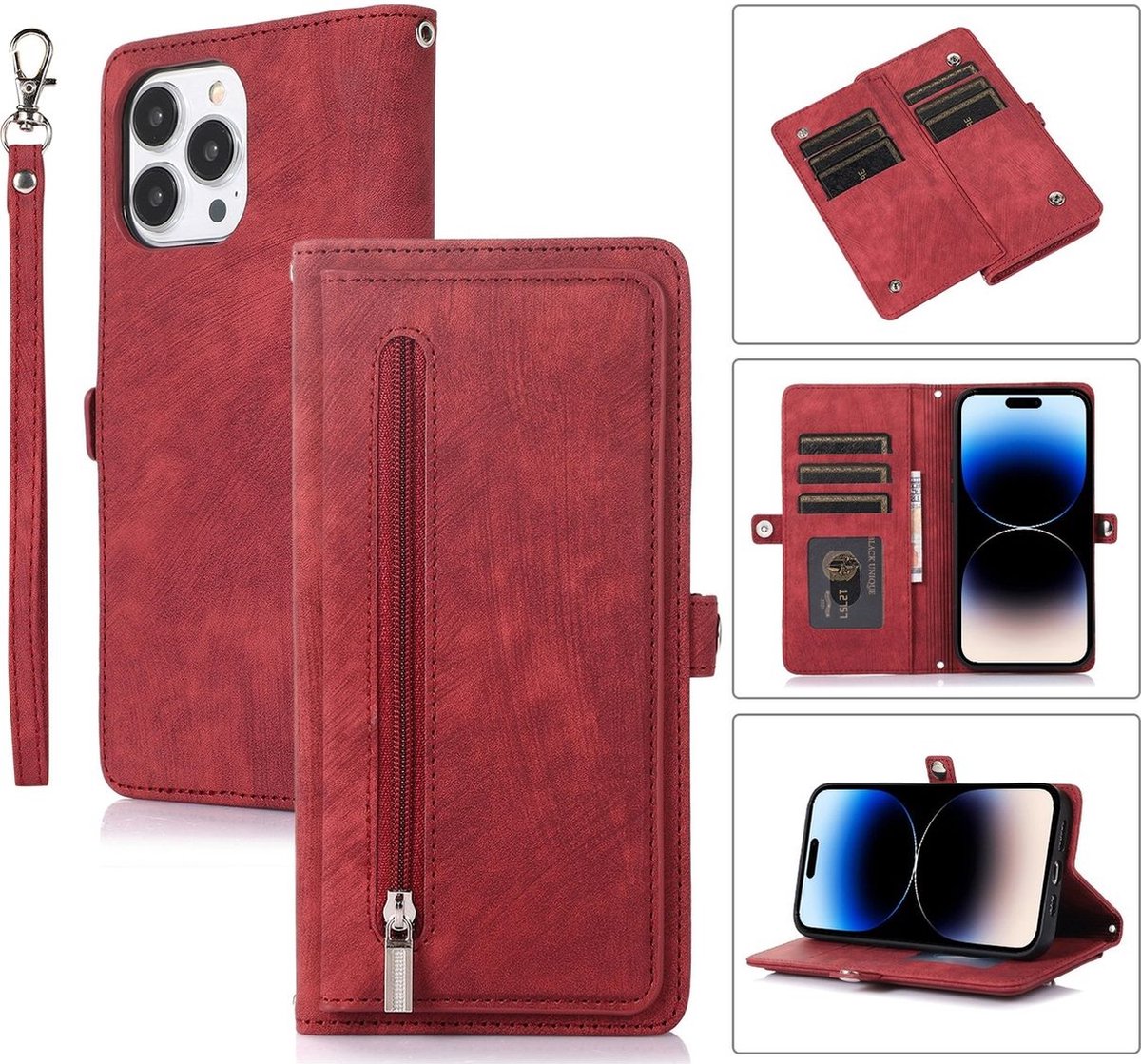 Mobigear Telefoonhoesje geschikt voor Apple iPhone 14 Pro Hoesje | Mobigear Zipper Bookcase Portemonnee | Pasjeshouder voor 3 Pasjes | Telefoonhoesje voor Pinpas / OV Kaart / Rijbewijs - Rood