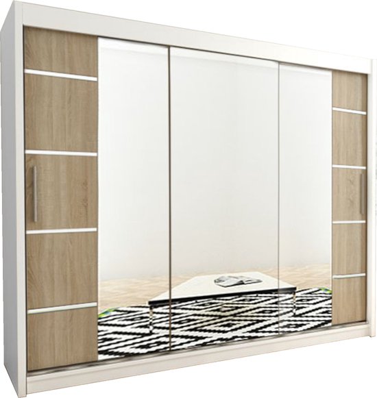 InspireMe - Kledingkast met 3 schuifdeuren, Modern-stijl, Kledingkast met planken (BxHxD): 250x200x62 - VENTILA IV 250 Wit Mat + Sonoma Eik mat 4 lades