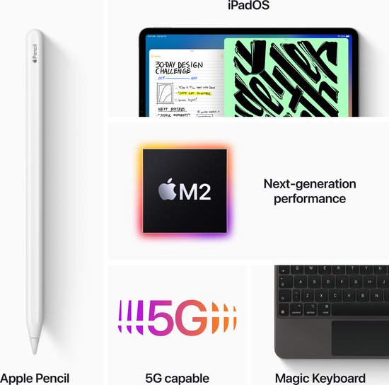 Apple Pencil, 5G logo in neonkleuren, M2 chip logo en Magic Keyboard voor iPad.