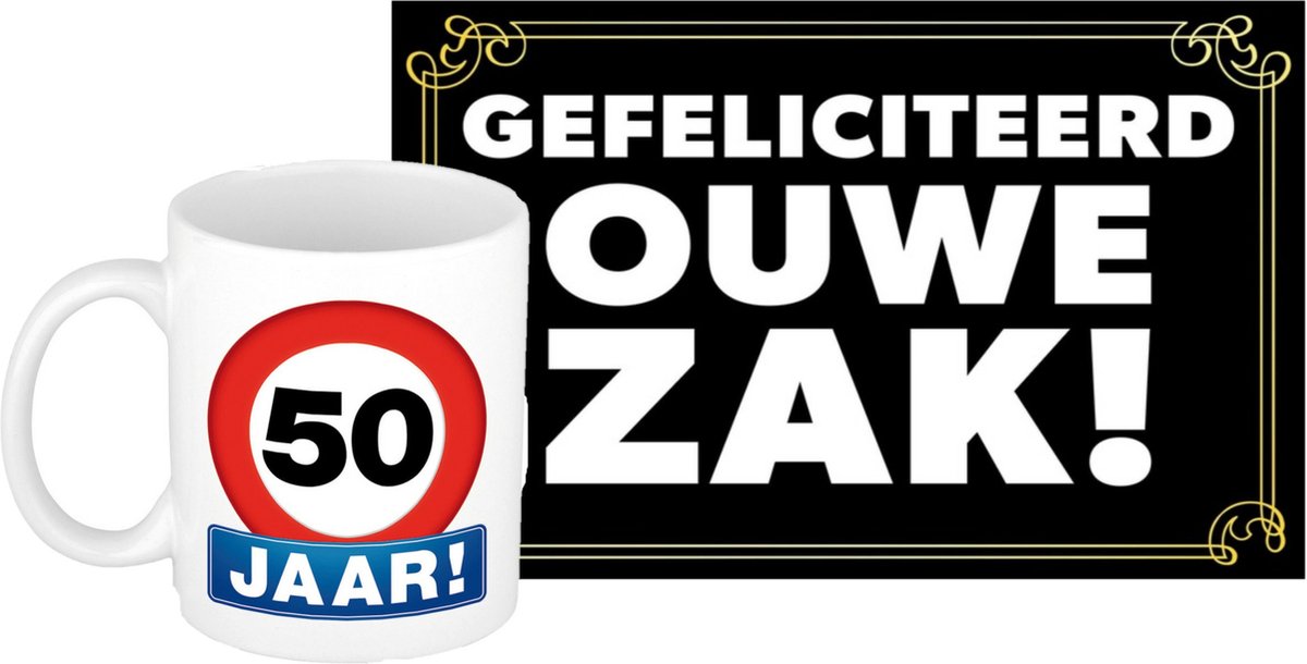 Verjaardag cadeau mok/beker 50 jaar print 300 ml + A5-size wenskaart ouwe zak