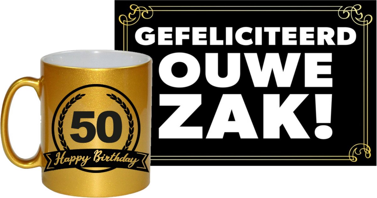 Verjaardag cadeau mok/beker 50 jaar print 300 ml + A5-size wenskaart ouwe zak