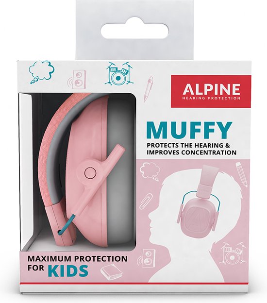 Doos met roze Alpine Muffy gehoorbescherming voor kinderen. Tekst op de doos: 'Maximum Protection for Kids'.