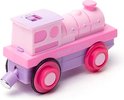Roze en paarse speelgoedtrein met rode wielen op witte achtergrond.