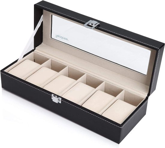 CASE ELEGANCE Moderne tweekleurige den en donkergrijs met aluminium handvat 6-slots horlogebox met echt glas door (Two-Tone
