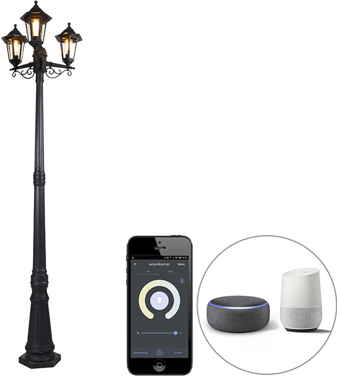 QAZQA new haven - Klassieke LED Smart Lantaarn incl. wifi - 3 lichts - H 216.5 cm - Zwart - Buitenverlichting