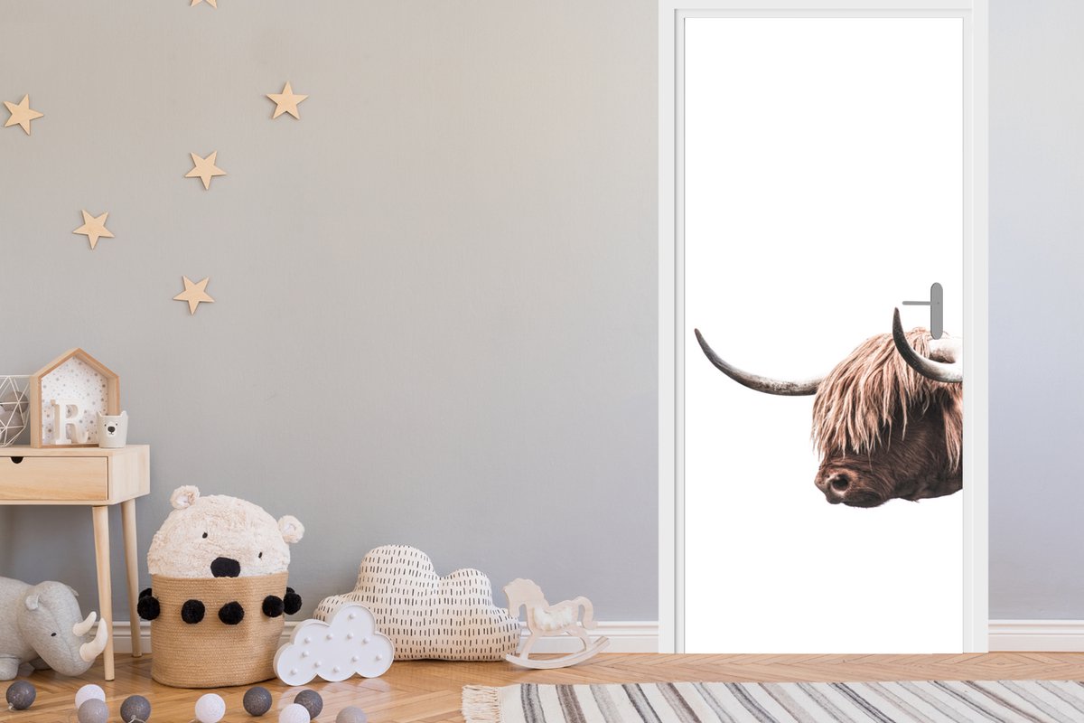 Deurposter 75x205 cm - Deursticker Schotse hooglander - Koe - Hoorn - Meubelfolie zelfklev