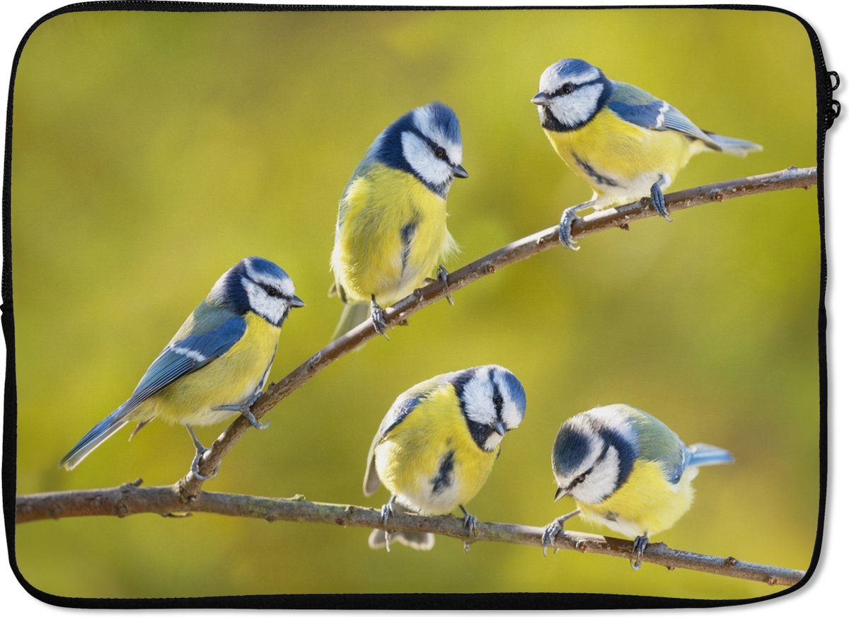 Laptophoes 14 inch - Vogel - Pimpelmees - Takken - Zon - Laptop sleeve - Binnenmaat 33x23 cm - Zwarte achterkant