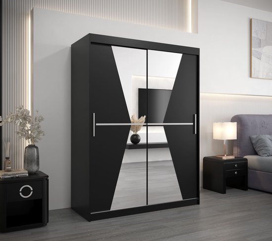 InspireMe - Armoire avec 2 portes coulissantes, Style moderne, Une armoire avec des étagères et un miroir (LxHxP): 150x200x62 - TOTO 150 Zwart Mat avec 2 tiroirs