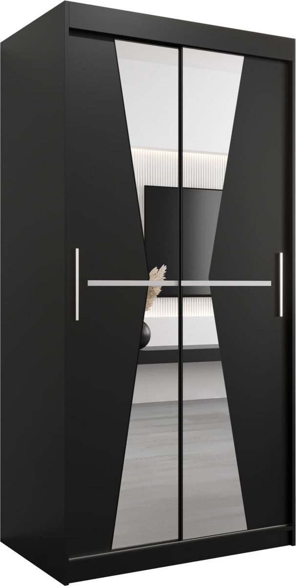 InspireME Kledingkast met 2 schuifdeuren, Modern-stijl, Een kledingkast met planken en een spiegel (BxHxD): 100x200x62 - TOTO 100 Zwart Mat