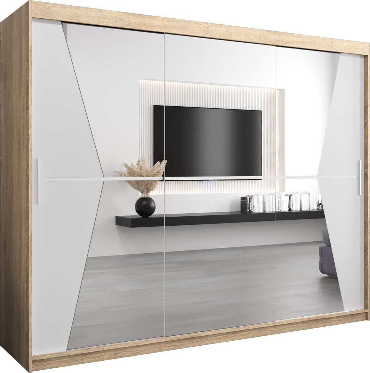 InspireME Kledingkast met 3 schuifdeuren, Modern-stijl, Een kledingkast met planken en een spiegel (BxHxD): 250x200x62 - TOTO 250 Sonoma Eik + Wit Mat