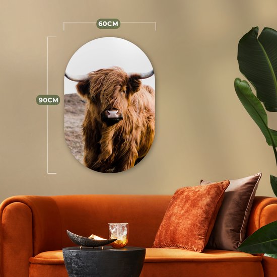 Ovale Mural - Ovale Mural - Décoration murale Plastique - Peinture Ovale - Highlander écossais - Paysage - Vache - Marron - Animaux - Nature - 60x90 cm - Forme miroir ovale sur plastique