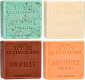 Set Marseille zeep 4 x 100 gram zonder palmolie in geuren menthol-lelietjes van dalen-vanille-citrus groene thee