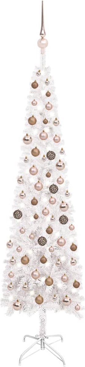 Prolenta Premium - Kerstboom met LED's en kerstballen smal 180 cm wit