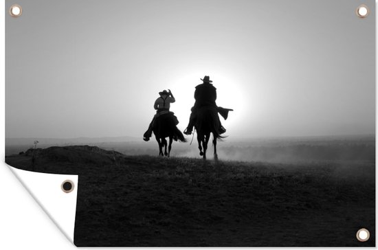 Twee cowboys op paarden bij zonsondergang - zwart wit - Tuindoek