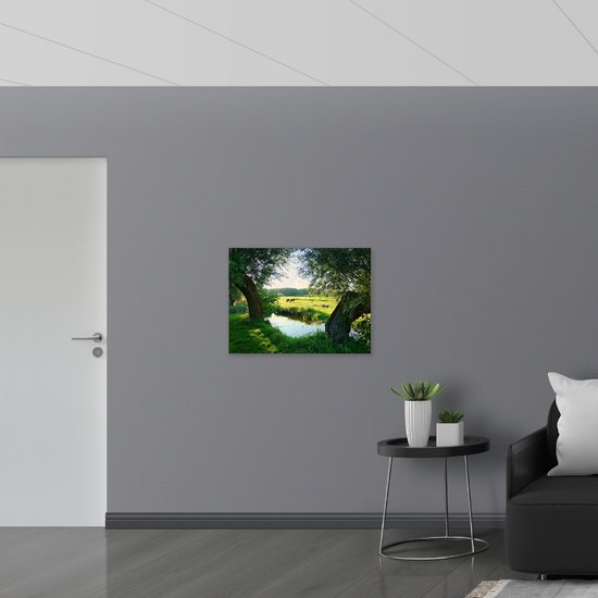 Poster (Mat) - Schuingroeiende Bomen aan Sloot - 80x60 cm Foto op Posterpapier met een Matte look