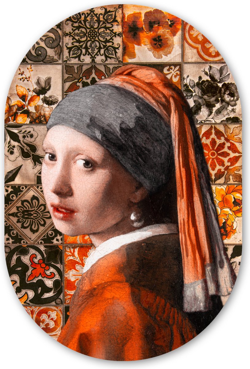 Muurovaal 40x60 cm - Ovale wanddecoratie Meisje met de parel - Johannes Vermeer - Olieverf - Ovalen schilderij - Muurdecoratie woonkamer - Kamer decoratie - Schilderijen - Wandcirkel
