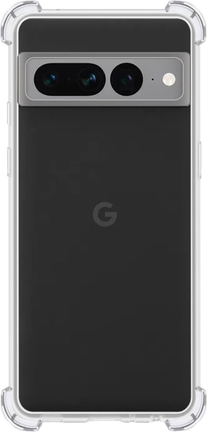 Achterkant van een Google Pixel 7 Pro in een doorzichtige, schokbestendige hoes.