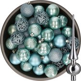 Decoris Kerstballen 37x stuks - 6 cm - ijsblauw - kunststof - incl. glazen piek glans zilver
