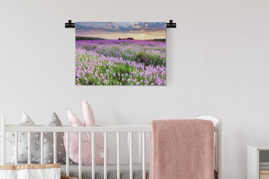 Tapisserie Champs de lavande - Champ de Lavande avec un ciel de feu Tapisserie coton 60x40 cm - Tapisserie avec photo