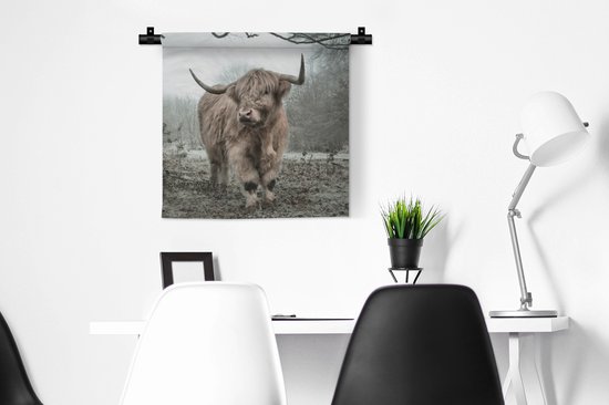 Tenture murale - Tissu mural - Scottish Highlander - Forêt - Brouillard - 60x60 cm - Tapisserie