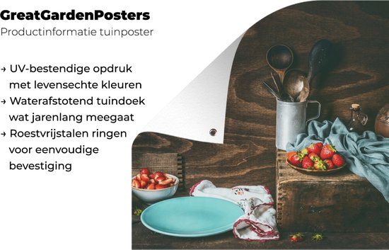 Tableau jardin Rustique - Fruits - Ustensiles de cuisine - Fraise - 80x60 cm - Affiche jardin - Toile jardin - Affiche extérieur