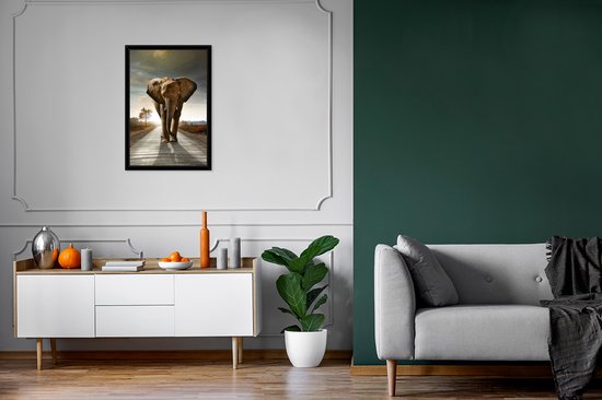 Cadre photo avec affiche - Éléphant - Route - Animaux - Coucher de soleil - Paysage - 40x60 cm - Cadre pour affiche