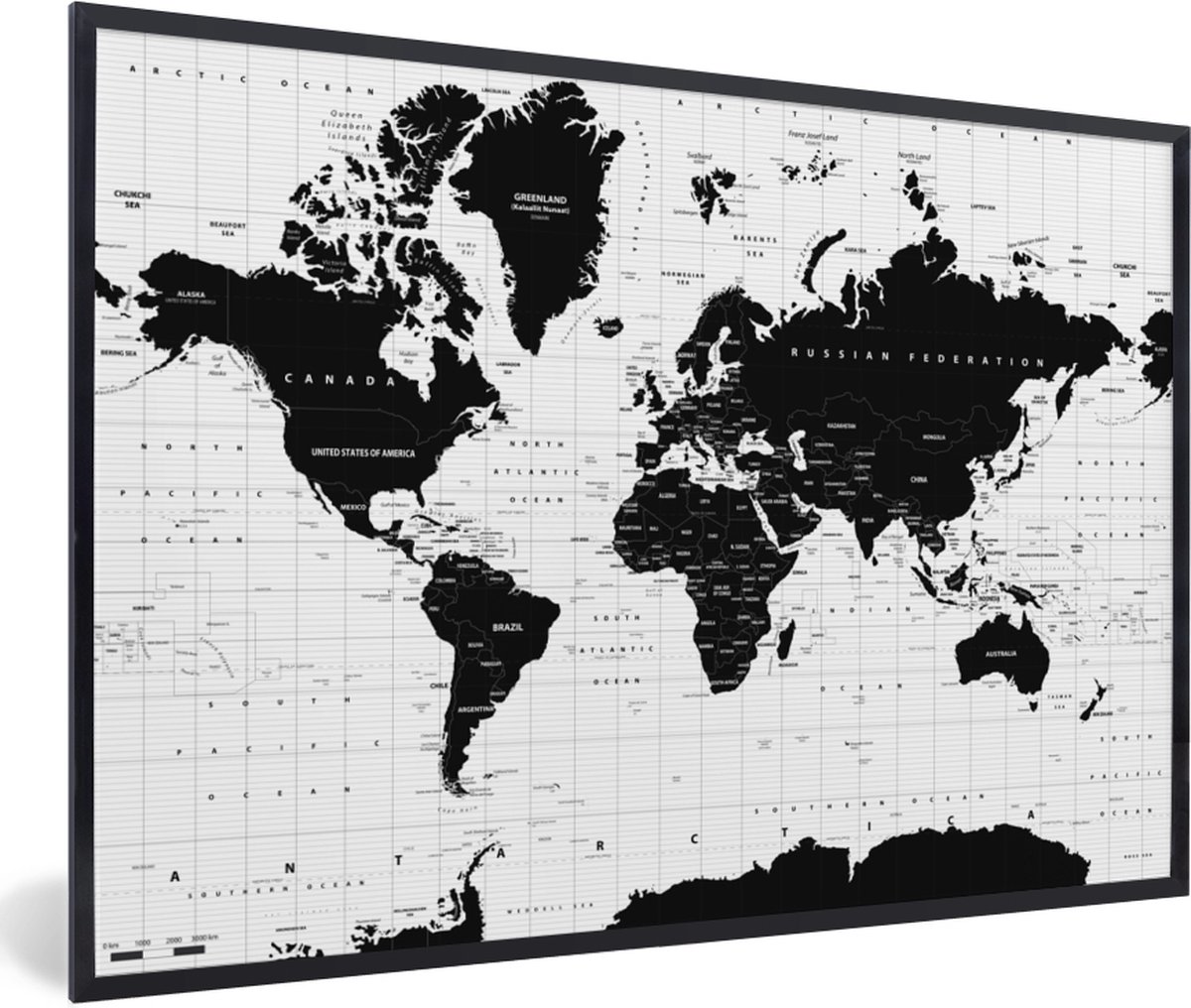 Poster in lijst - Fotolijst 120x80 cm - Posters - Wereldkaart - Zwart - Wit - Atlas - Aarde - Educatief - Posterlijst zwart - Decoratie - Wanddecoratie woonkamer - Muurdecoratie slaapkamer