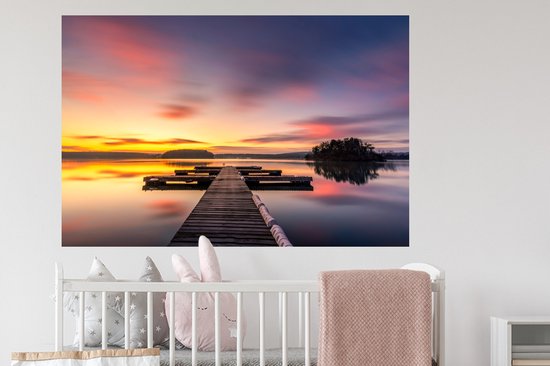 Muurstickers - Sticker Folie - Steiger - Zonsondergang - Water - Zee - Reflectie - 120x80 cm - Plakfolie - Muurstickers Kinderkamer - Zelfklevend Behang - Zelfklevend behangpapier - Stickerfolie