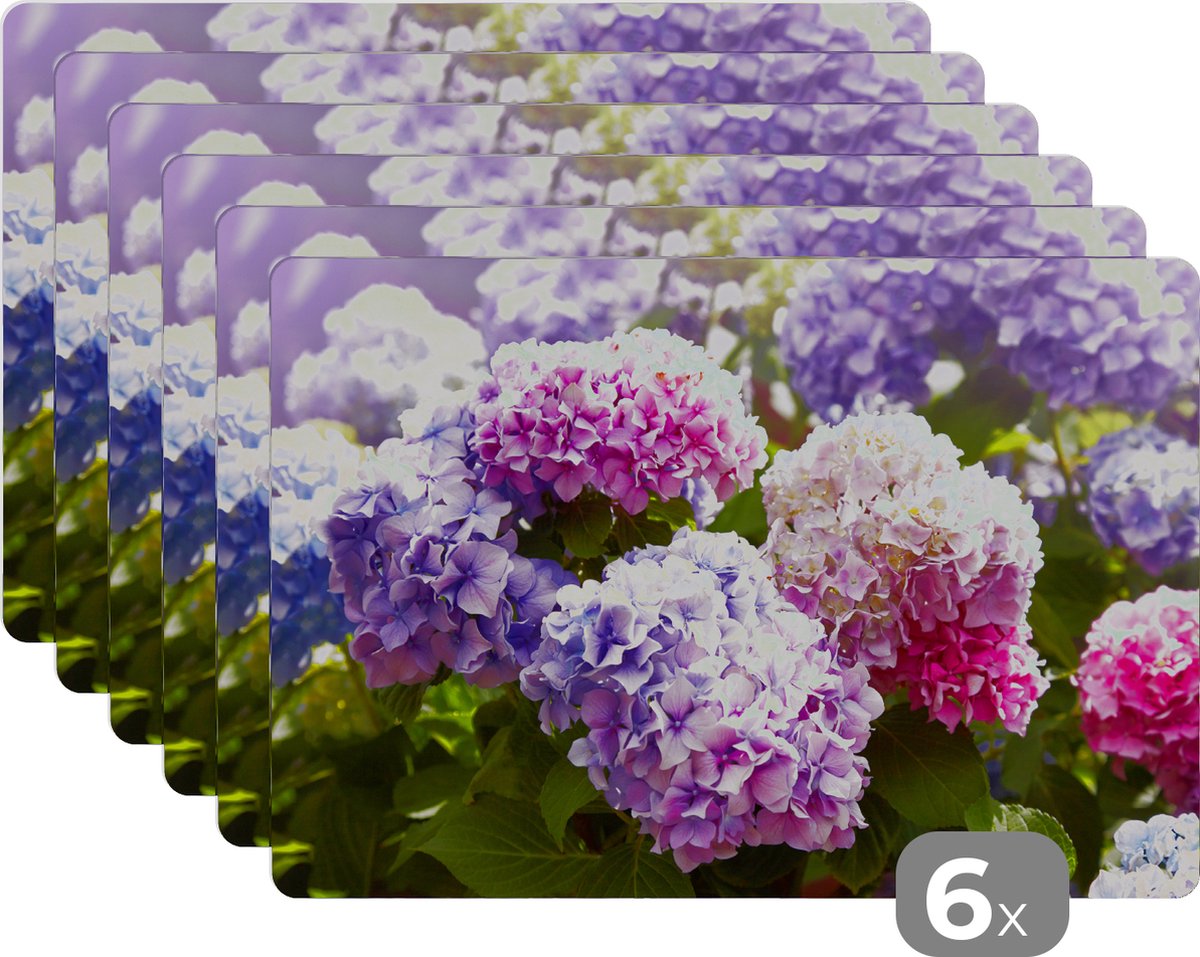 Placemat - Placemats kunststof - Bloemen - Hortensia - Roze - Bladeren - Zon - 45x30 cm - 6 stuks - Hittebestendig - Anti-Slip - Onderlegger - Afneembaar