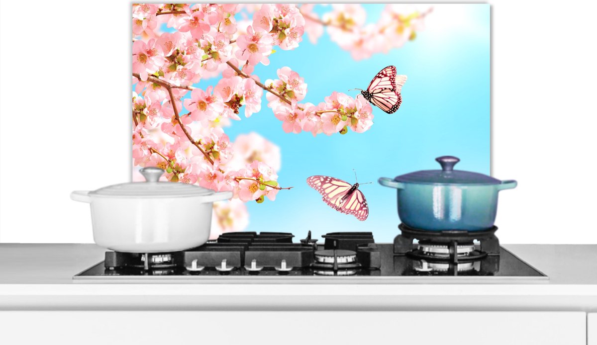 KitchenYeah - Spatscherm - Vlinder - Bloemen - Bloesem takken - Natuur - Roze - Insecten - Achterwand keuken - 60x40 cm - Spatwand - Spatscherm dieren - Muurbeschermer