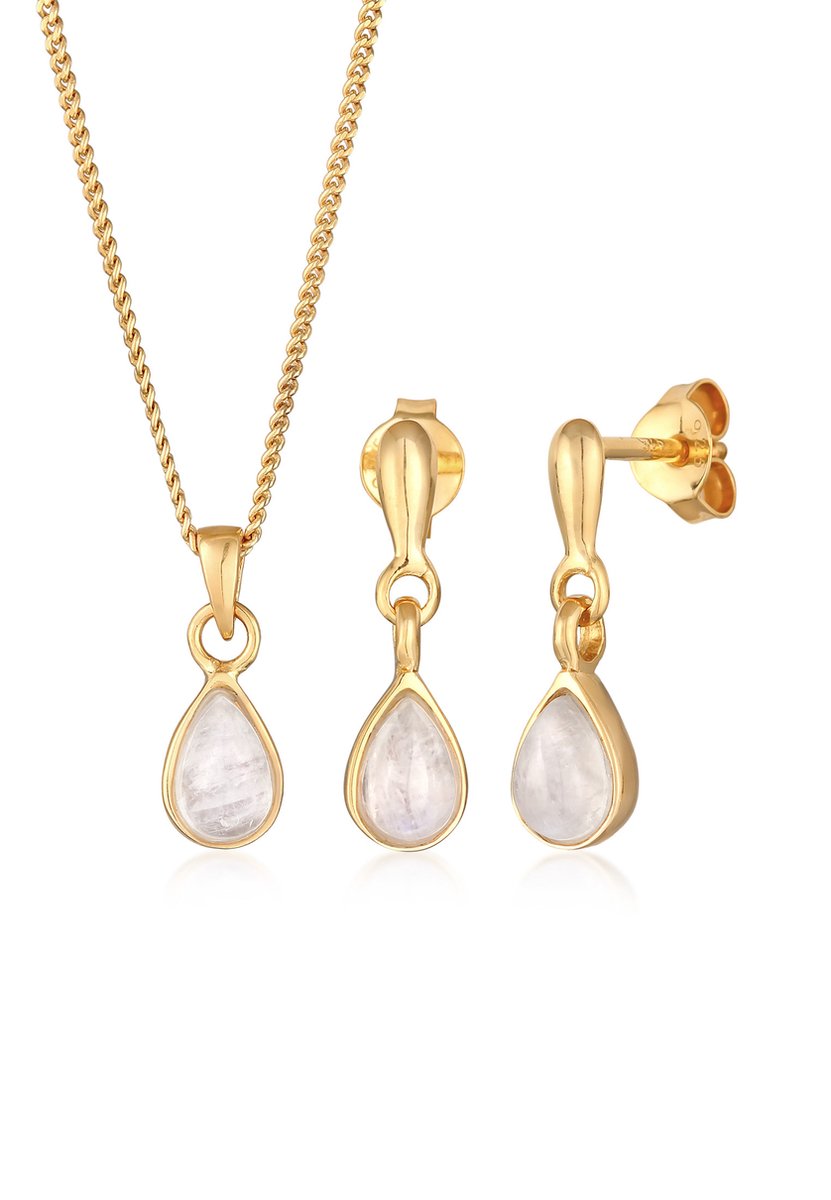 Elli PREMIUM - Sieraden Set - Dames Drop Hanger Set Maansteen Oor hanger in 925 Sterling Zilver Verguld - Dames