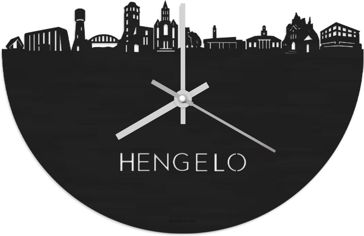 Skyline Klok Hengelo Zwart hout - Ø 40 cm - Stil uurwerk - Wanddecoratie - Meer steden beschikbaar - Woonkamer idee - Woondecoratie - City Art - Steden kunst - Cadeau voor hem - Cadeau voor haar - Jubileum - Trouwerij - Housewarming - WoodWideCities