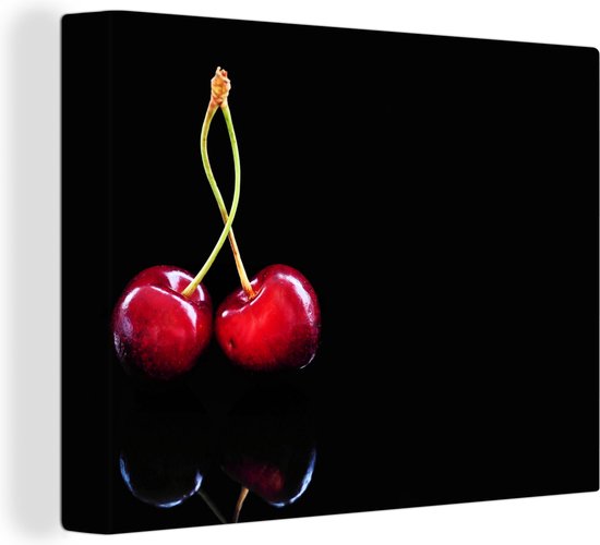 Canvas Schilderij Kersen - Reflectie - Zwart - 40x30 cm - Wanddecoratie