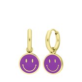 Lucardi Kinder Stalen goldplated oorbellen met smiley violet - Oorbellen - Staal - Goudkleurig