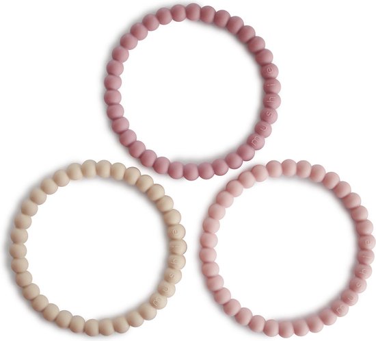 Foto: Mushie set van 3 siliconen bijtring armbanden bijtringen linen peony palepink