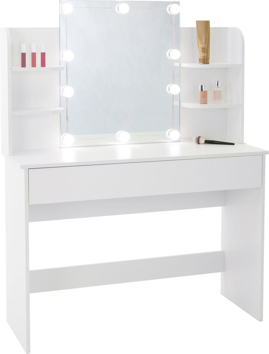 Kaptafel 108x40x140 cm in wit met spiegel, LED verlichting & lade ML-Design