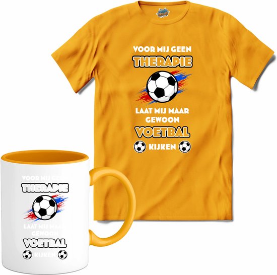 Oranje voetbal leeuw - WK en EK voetbal kampioenschap - koningsdag en Koninginnedag feest kleding - T-Shirt met mok - Heren - Geel - Maat 3XL