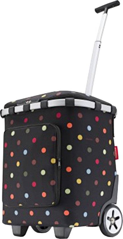 Zwarte boodschappentrolley met veelkleurige stippen, wielen en uitschuifbaar handvat.