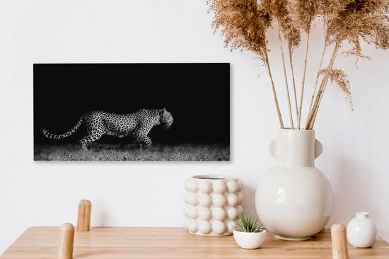 Peinture sur toile - Animaux sauvages - Léopard - Herbe - Zwart - Wit - Canvasdoek - 40x20 cm - Photo sur toile - Décoration murale