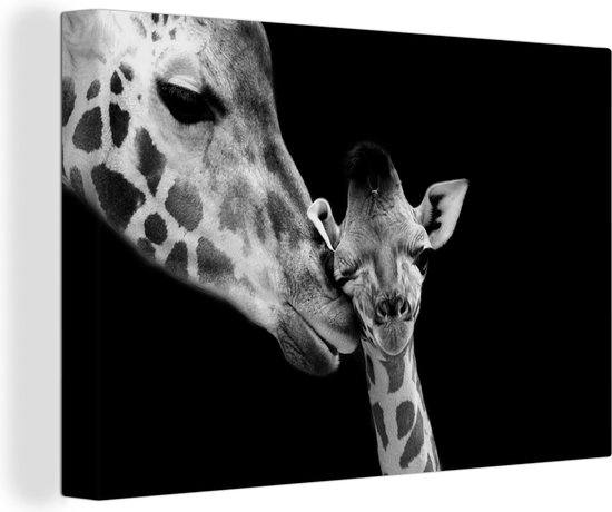 Canvas - Wilde dieren - Giraffe - Familie - Zwart - Wit - Schilderijen op canvas - 30x20 cm - Wanddecoratie - Canvas doek