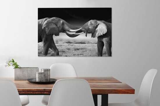 Tableau sur toile - Animaux sauvages - Éléphants - Zwart - Wit - Salon - 90x60 cm - Décoration murale - Décoration de la maison